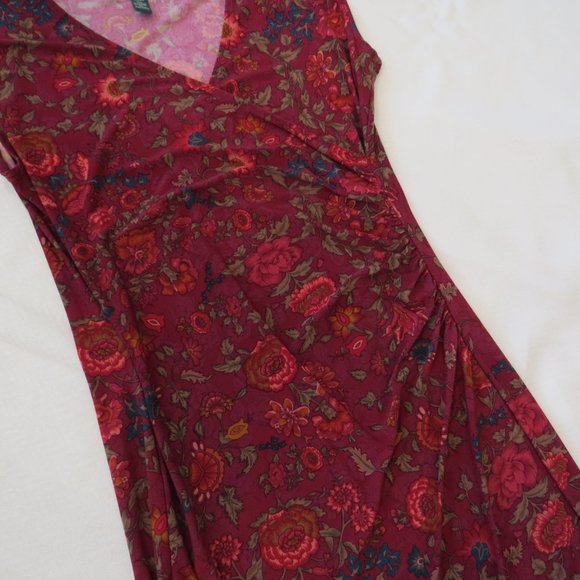 LAUREN Petites Size PM Ruched Burgundy/Pink Floral Pencil Dress - Picture 4 of 5